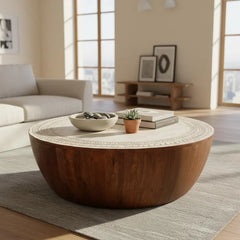 Indian Hand Carved Solid Wood Drum Coffee Table C155