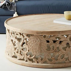 Pine Grove Handmade Solid Mango Wood Carved Round Coffee Table Rustic White