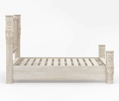 Hand Carved Solid Wooden King Sized Bed in White