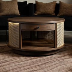 Rattan Elegance Series Solid Wood Round Shape With Rattan Cane Work Coffee Table C107