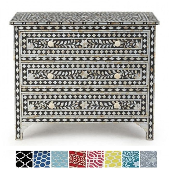 Maaya Bone inlay Black Floral Chest of 3 Drawers Dresser