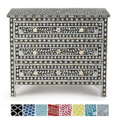 Maaya Bone inlay Black Floral Chest of 3 Drawers Dresser