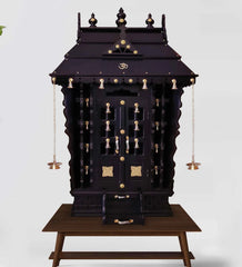 Medium Sized Handmade Pure Brass Accented Sheesham Wood Home Temple In Brown