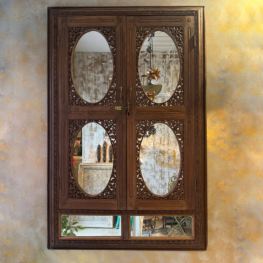 Antqiue Hand Carved Solid Wooden Mirror Fitted Window 87