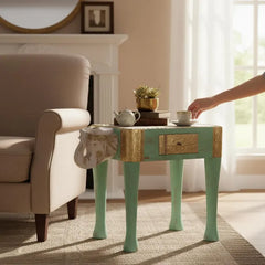 Vintage Hand Carved Elephant Solid Wood & Brass Work Side Table 47