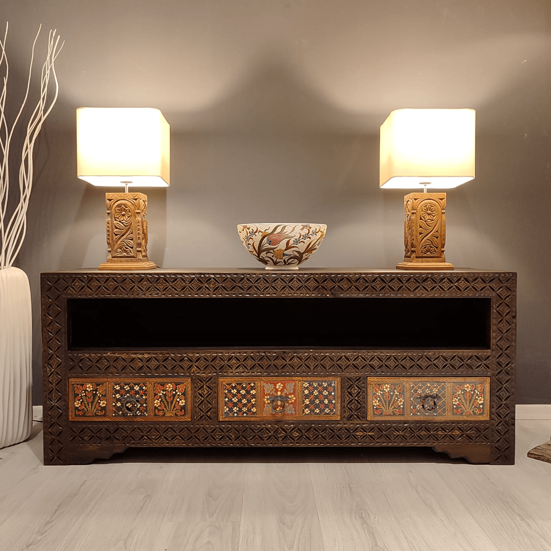 Indian Hand Carved Solid Wooden TV Unit 01