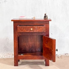 Indian Handmade Carved Solid Hard Wood Door & Drawer Bedside Table in Red 50x30x60Cm