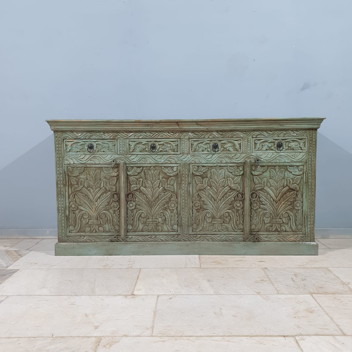 Indian Handmade Carved Solid Hard Wood 4Doors Sideboard Blue 180x45x90Cm