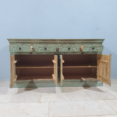 Indian Handmade Carved Solid Hard Wood 4Doors Sideboard Blue 180x45x90Cm