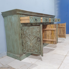 Indian Handmade Carved Solid Hard Wood 4Doors Sideboard Blue 180x45x90Cm