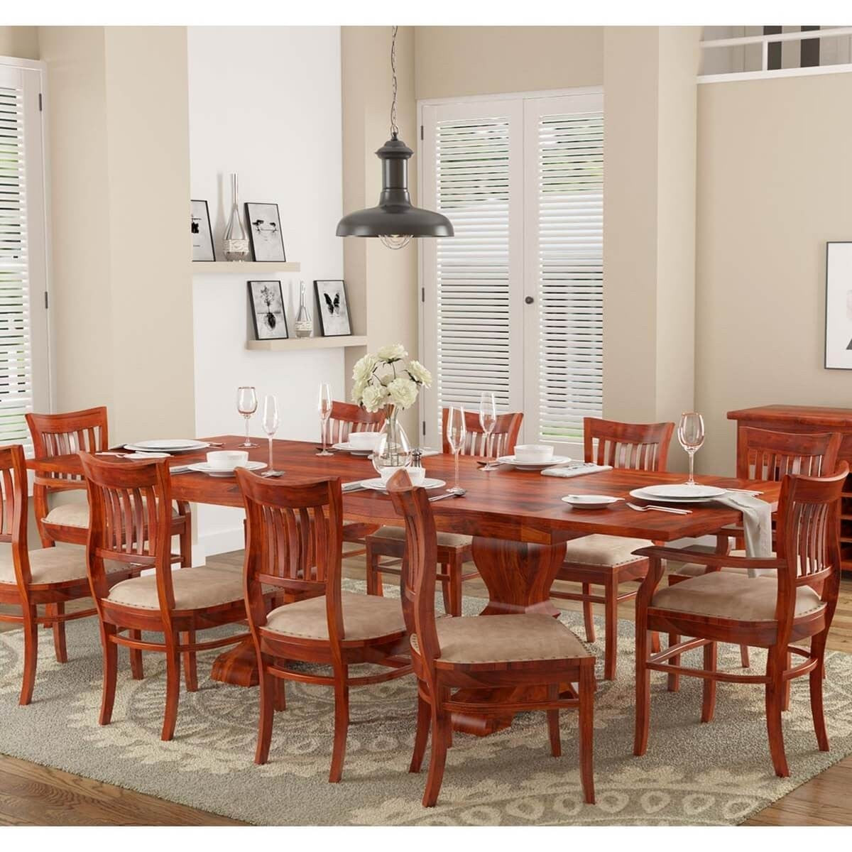 Boston Solid Wood Extendable Dining Table with 10 Chairs Set Honey Brown