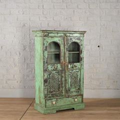 Antique Vintage Rustic Wooden Glass Cupboard Green