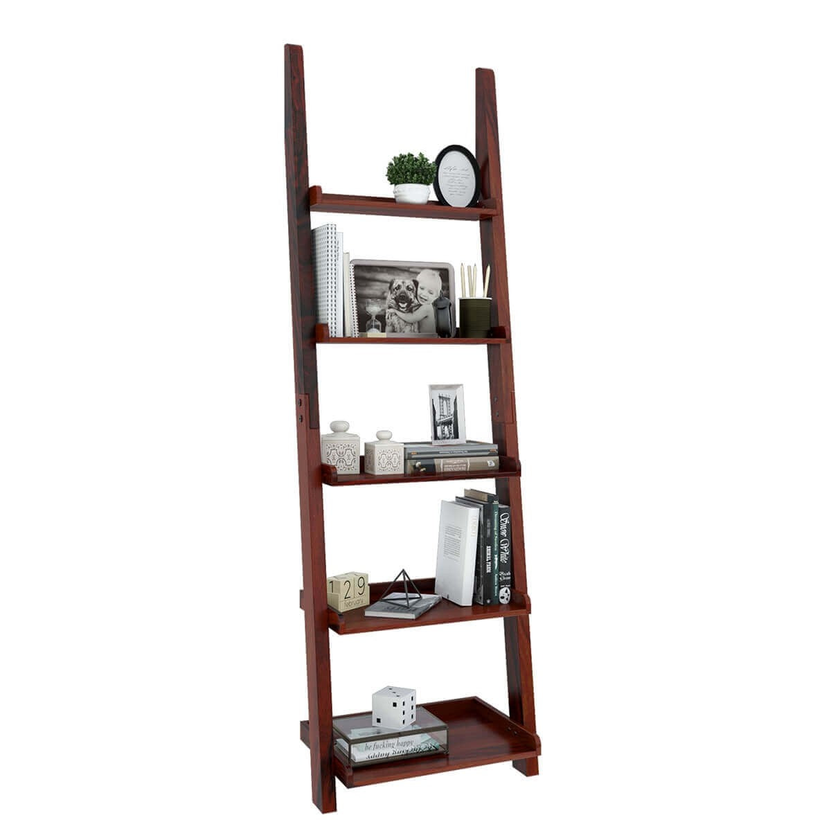 Eclectic Solid Wood 5 Open Shelf Leaning Ladder Bookcase