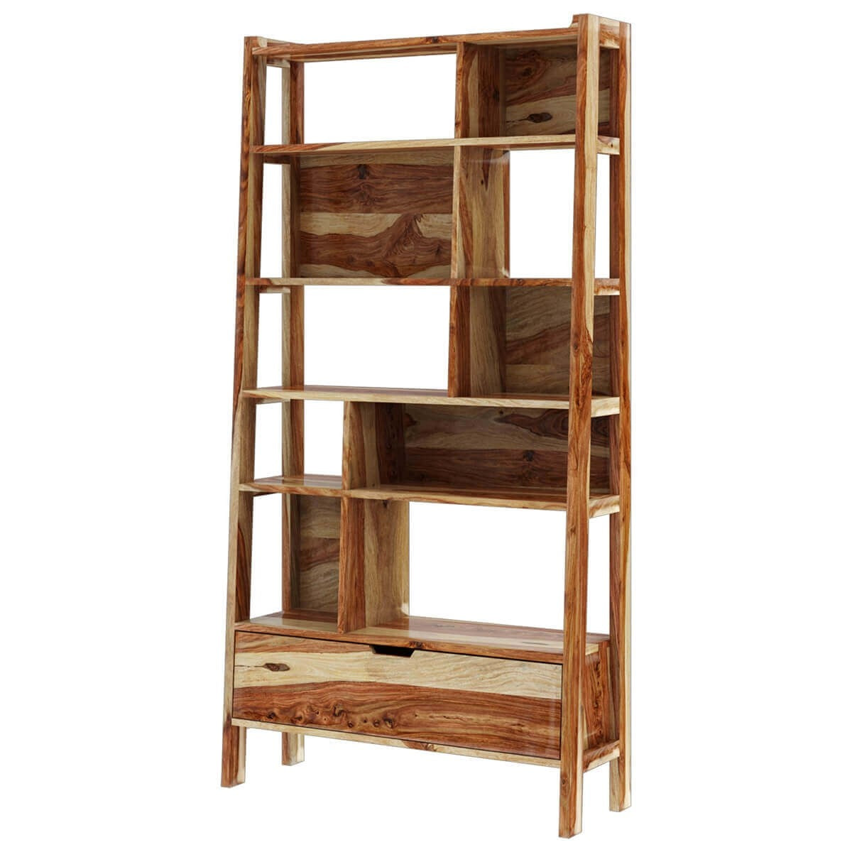 Alta Rustic Solid Wood 10 Open Shelf Leaning Ladder Bookcase w Drawer