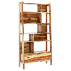 Alta Rustic Solid Wood 10 Open Shelf Leaning Ladder Bookcase w Drawer