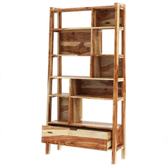 Alta Rustic Solid Wood 10 Open Shelf Leaning Ladder Bookcase w Drawer