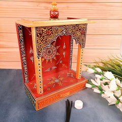 Handpainted Indian Home Decor Mango Wood Small Wall Mounted Home Temple With Drawer