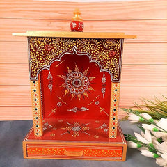 Handpainted Indian Home Decor Mango Wood Small Wall Mounted Home Temple With Drawer