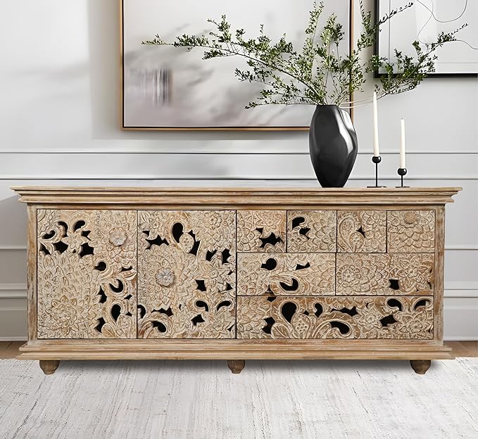 Corsica Contemporary Large Premium Solid Wood Floral Hand-Carving Sideboard Storage Cabinet & Chest