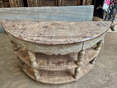 French Arched Hand Carved Solid Wood Console Hall Table Rustic White