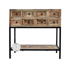 Industrial Indian Solid Wood Console Chest Of Drawers Metal Legs Natural