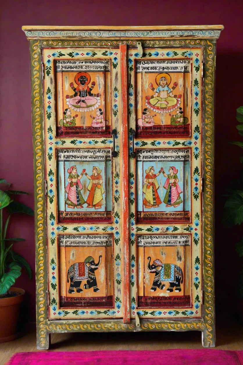 Avani Indian Hand Painted Solid Wood Cabinet Wardrobe MulticolorD67