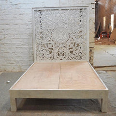 Dynasty Hand Carved Indian Solid Wooden Kerri Bed Frame White