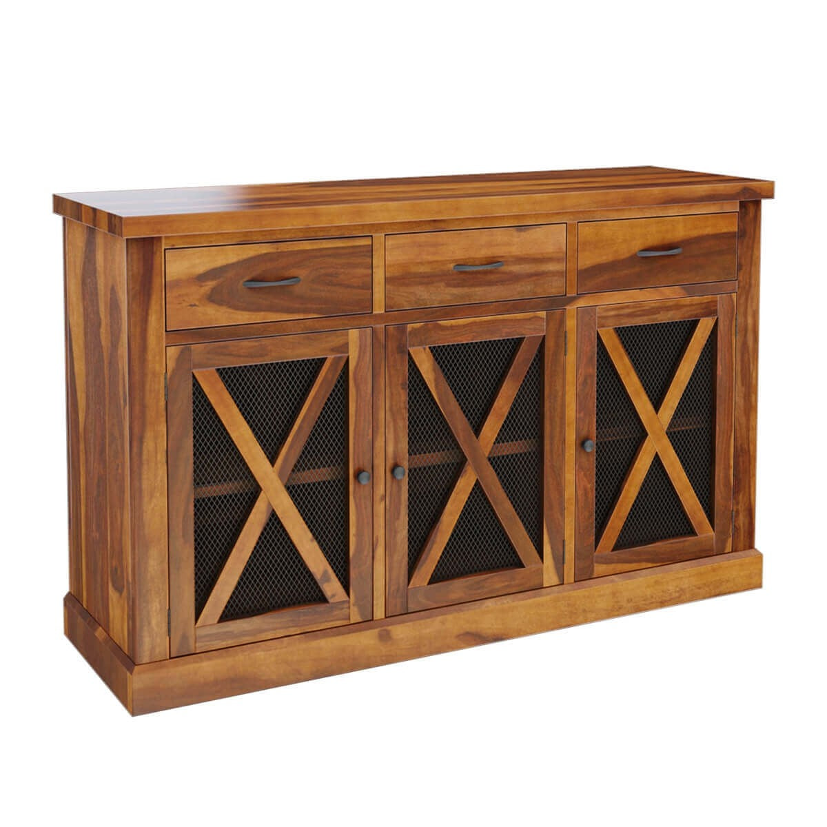 X - Design Solid Wood Grid Door 3 Drawer Rustic Buffet Sideboard