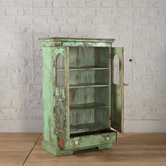 Antique Vintage Rustic Wooden Glass Cupboard Green