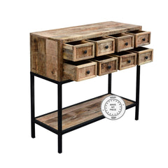 Industrial Indian Solid Wood Console Chest Of Drawers Metal Legs Natural