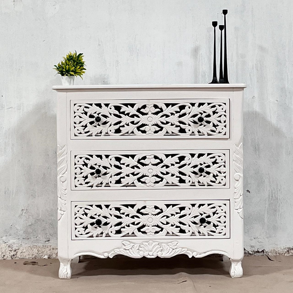 Handmade Indian Furniture Solid Hard Wood Floral Carvings 3 Chest of Drawers Dresser White