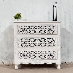 Handmade Indian Furniture Solid Hard Wood Floral Carvings 3 Chest of Drawers Dresser White