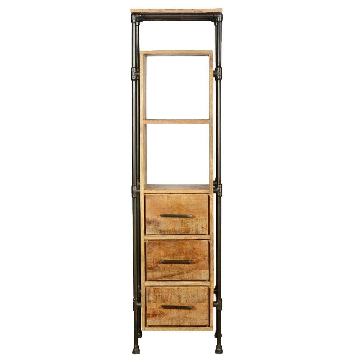 Calgary 4 Open Shelf Industrial Tall Narrow Bookcase With Drawers