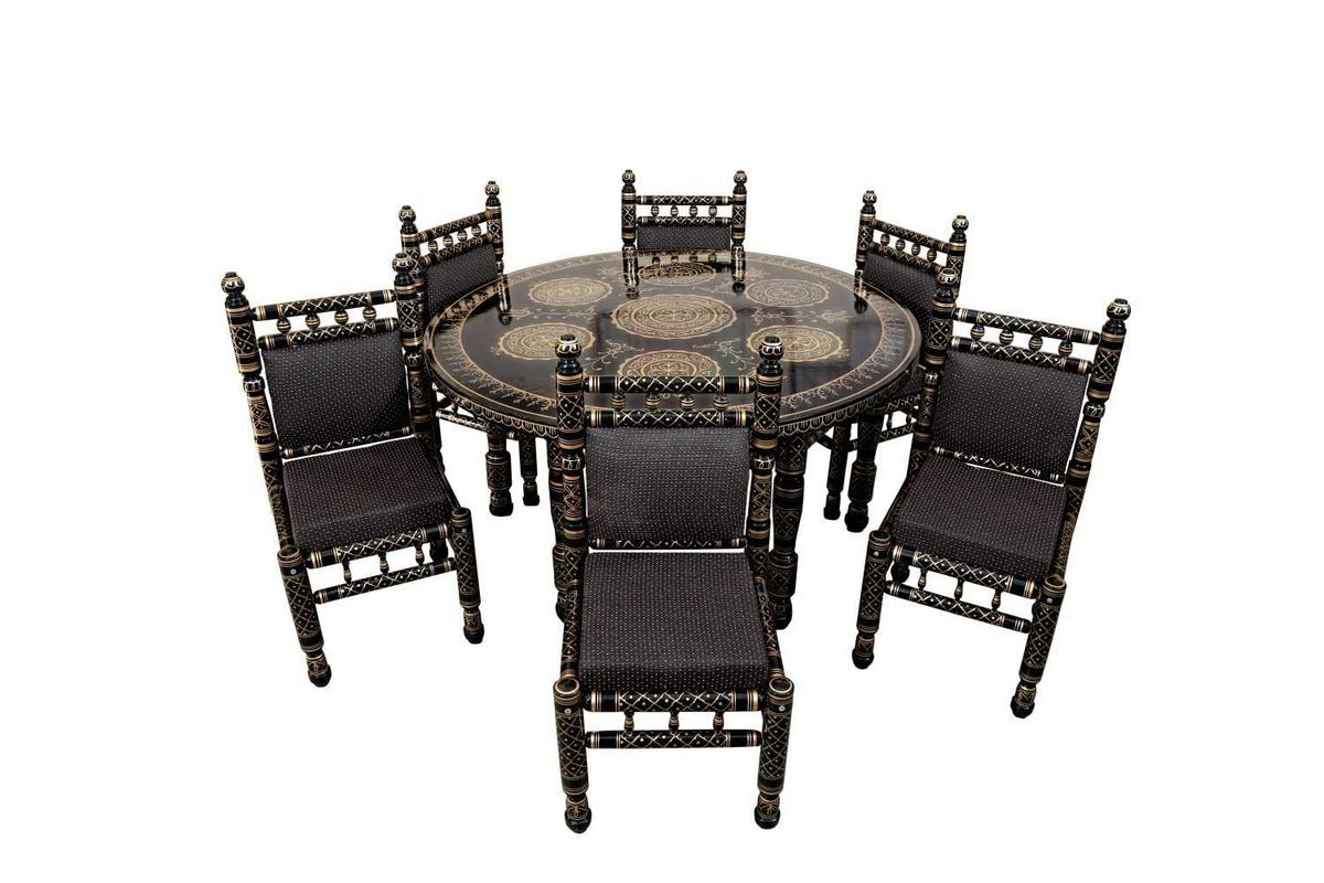 Heritage Indian Hand Carved Painted 6 Chairs Dining Set Round