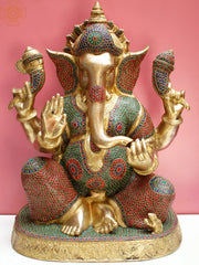 Indian Lord Ganesha Handmade Brass Statue With Inlay Work