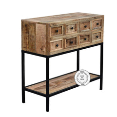 Industrial Indian Solid Wood Console Chest Of Drawers Metal Legs Natural