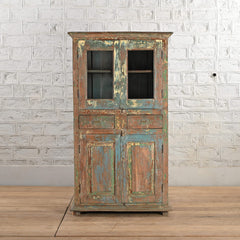 Antique Vintage Rustic Wooden Glass Cupboard Multicolour