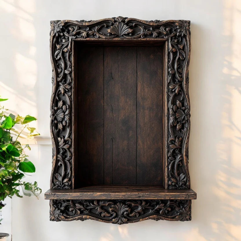 Floral Hand Carved Rajasthani Art Decor Antique Style Wall Shelf 03