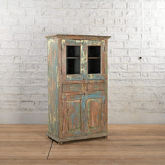 Antique Vintage Rustic Wooden Glass Cupboard Multicolour