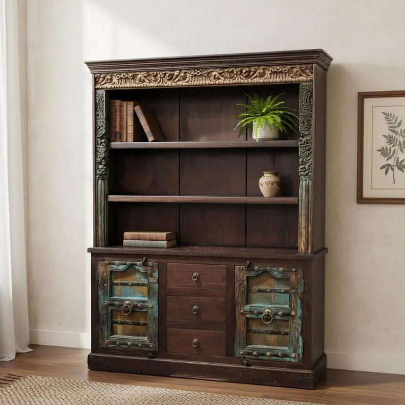 Indian Antique Vintage Hand Carved Solid Wood Bookshelf Cabinet B61