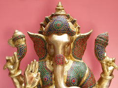 Indian Lord Ganesha Handmade Brass Statue With Inlay Work