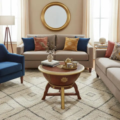 Indian Hand Carved Solid Wood Brass Inlay Drum Coffee Table C158