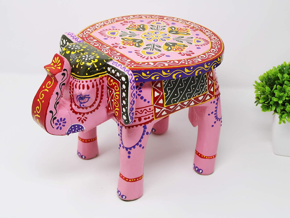 Brush & Timber Handpainted Solid Mango Wood Elephant Side Table in Multicolor