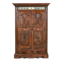 Antique Indian Hand Carved Solid Wood Almirah Cabinet Wardrobe 02