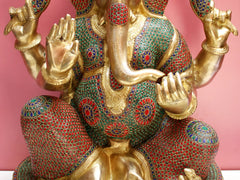 Indian Lord Ganesha Handmade Brass Statue With Inlay Work