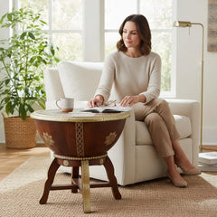 Indian Hand Carved Solid Wood Brass Inlay Drum Coffee Table C158