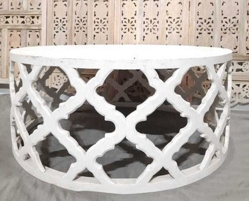 Bristol Hand Carved Indian Solid Wood Round Coffee Table White Wash 100x100x30cm