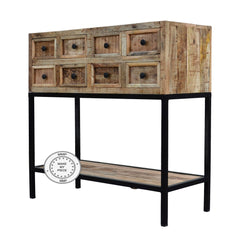 Industrial Indian Solid Wood Console Chest Of Drawers Metal Legs Natural