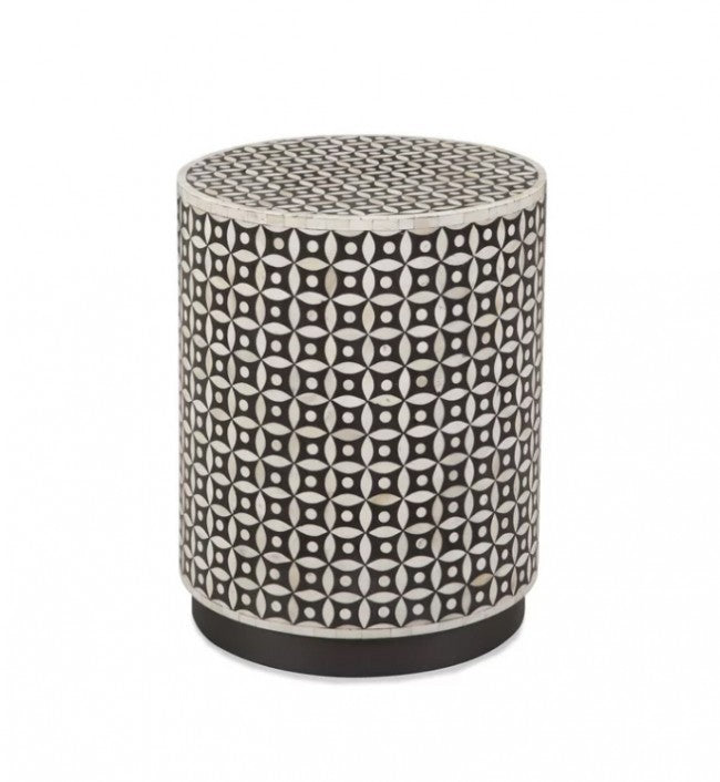 Maaya Bone Inlay Round drum Side Table Black Geometric