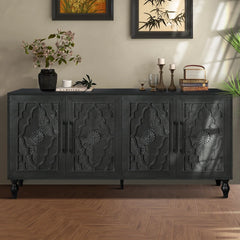 Indian Handmade Solid Wood Carved 4 Doors Sideboard Black